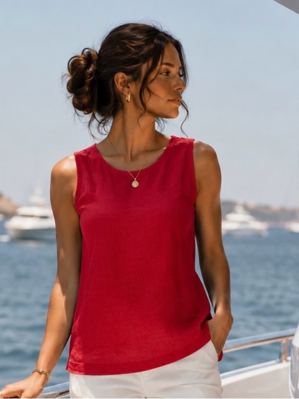 World Red Linen Viscose Blend Sleeveless Top | Women’s L | Coastal Chic